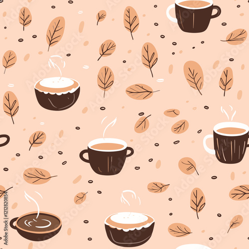 Coffee cups and leaves pattern on peach background