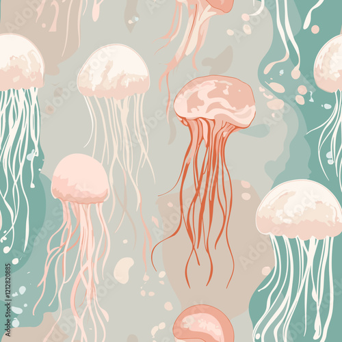 Colorful jellyfish swimming in abstract water background