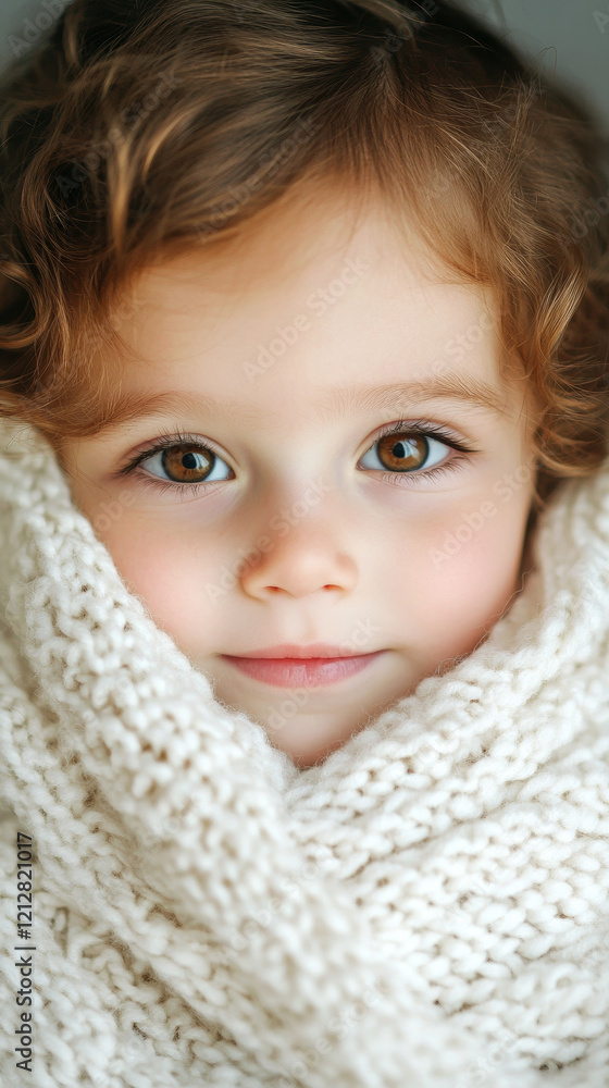 Innocent Caucasian Child Wrapped in Cozy Knit Scarf with Wholesome Expression Innocent Caucasian Child Wrapped in Cozy Knit Scarf with Wholesome Expression