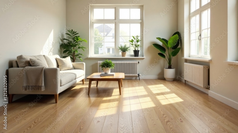 Sunlit Living Room Interior Design with Hardwood Floors, Neutral Sofa, and Houseplants Sunlit Living Room Interior Design with Hardwood Floors, Neutral Sofa, and Houseplants