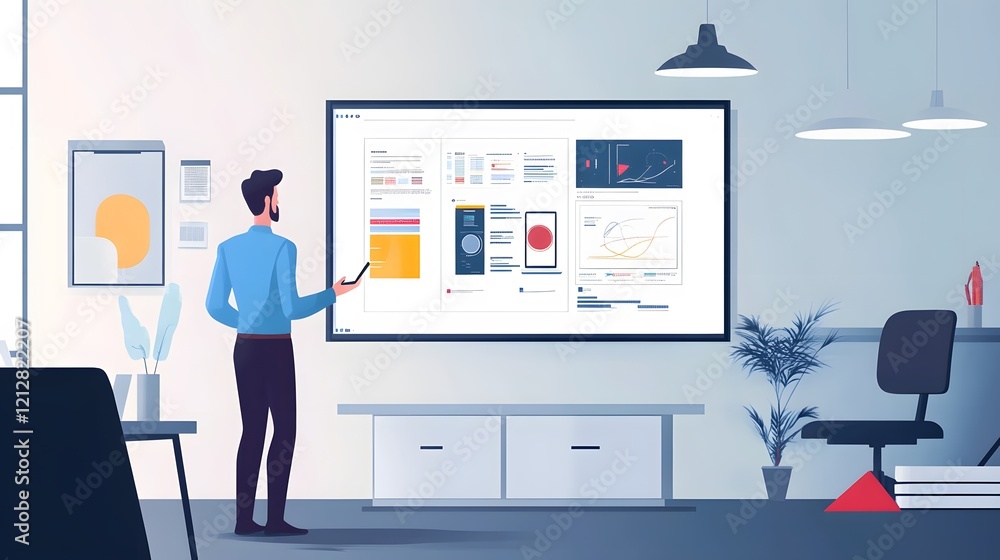 Professional presenter illustrating data insights, young man in a smart casual outfit engaged with a digital display in a modern workspace. Professional presenter illustrating data insights, young man in a smart casual outfit engaged with a digital display in a modern workspace.