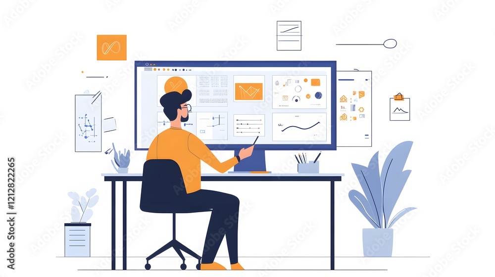 Young professional working on computer, Asian individual focused on screen in stylish office setting, creative environment. Young professional working on computer, Asian individual focused on screen in stylish office setting, creative environment.
