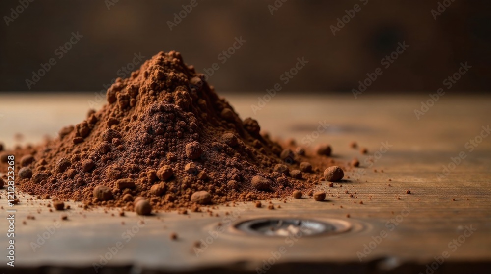 A Rich Mound of Aromatic Cocoa Powder on Rustic Wood Surface