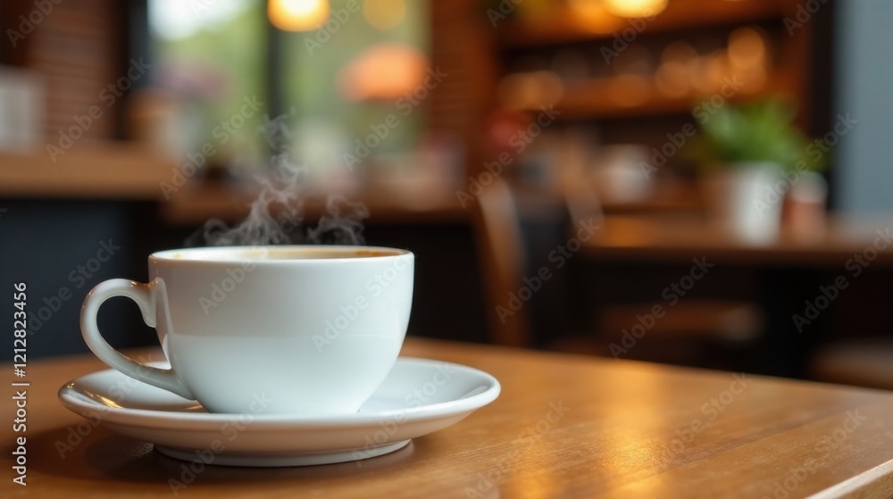Aromatic Steam Rising from a Warm Cup of Coffee on a Wooden Table in a Cozy Cafe Aromatic Steam Rising from a Warm Cup of Coffee on a Wooden Table in a Cozy Cafe