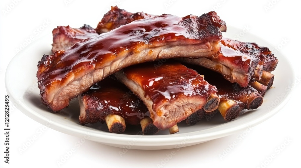 A plate of succulent barbecue pork ribs with a tangy barbecue sauce glaze, Each rib’s caramelized exterior and tender meat captured with precision A plate of succulent barbecue pork ribs with a tangy barbecue sauce glaze, Each rib’s caramelized exterior and tender meat captured with precision