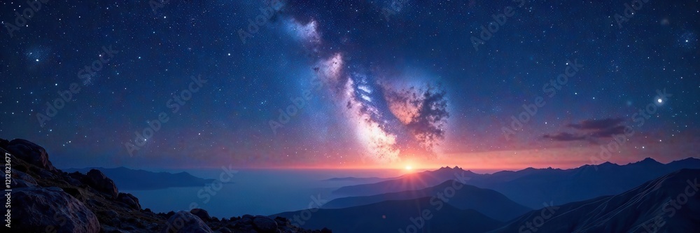 Fototapeta premium Starry panorama, celestial tapestry unfolds across horizon, outer space, twinkling stars