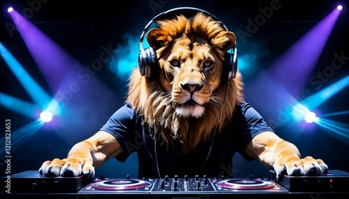 Male lion playing dj with stage lights behind him 