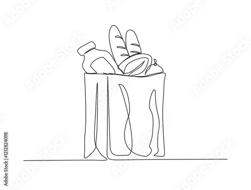 Continuous one line drawing of fresh food on paper grocery bag. Grocery paper bag in single line draw illustration. Editable stroke.