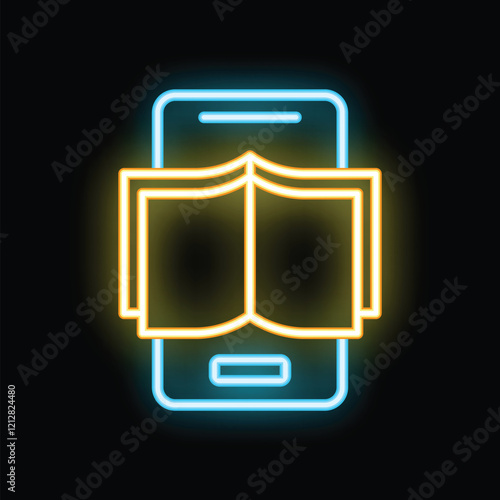 Neon icon of an open book over a smartphone screen representing the concept of online education