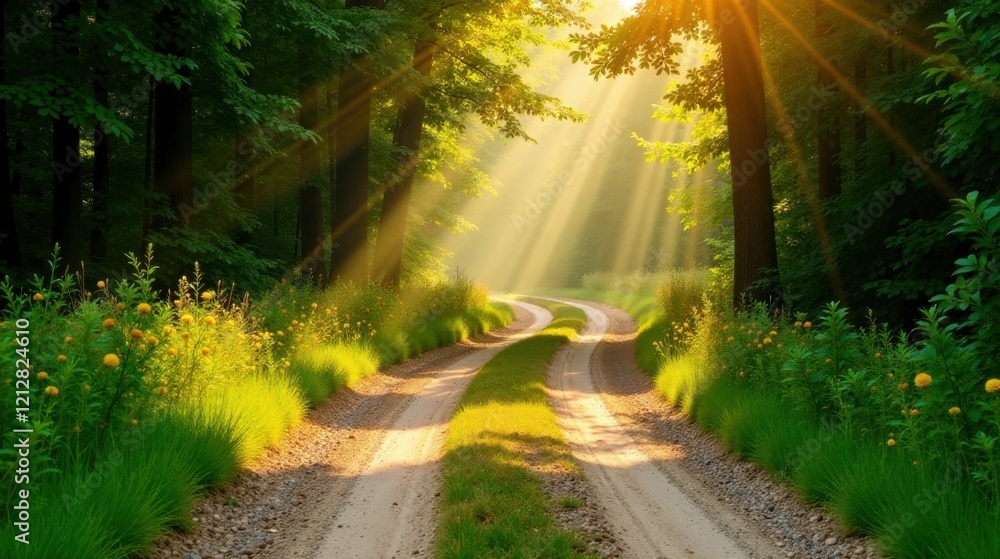 Obraz premium Sunlit Pathway Through Verdant Woods A Serene Country Road Beckons with Golden Rays and Blossoming Flora