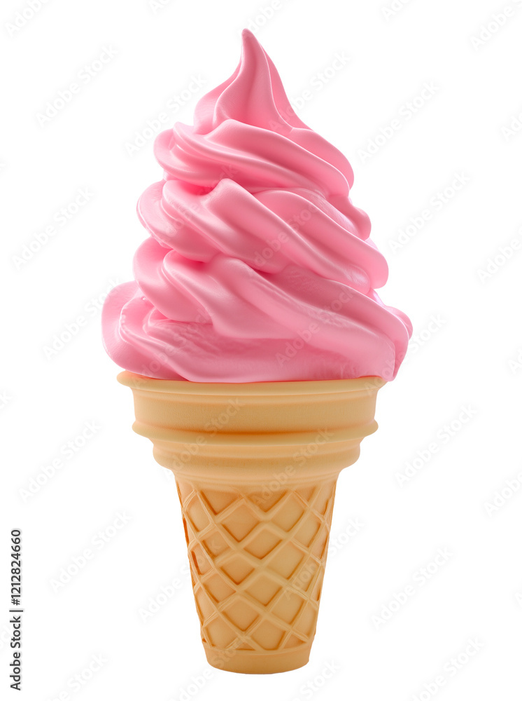 Creamy swirled strawberry ice cream in a detailed waffle cone, on a transparent background. Creamy swirled strawberry ice cream in a detailed waffle cone, on a transparent background.