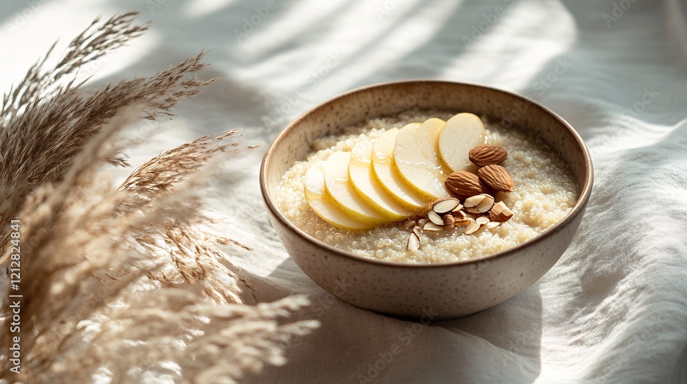 Delicious Bowl of Oatmeal with Apple Slices and Nuts in Sunshine Delicious Bowl of Oatmeal with Apple Slices and Nuts in Sunshine