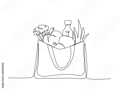 Continuous one line drawing of fresh food on paper grocery bag. Grocery paper bag in single line draw illustration. Editable stroke.