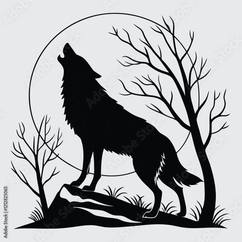 A wolf howling at the moon  image silhouette vector art and illustration