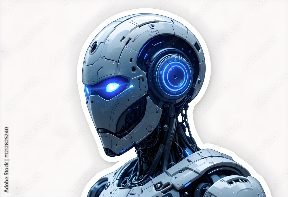 Flat sticker of a futuristic robot with blue LED lights Flat sticker of a futuristic robot with blue LED lights