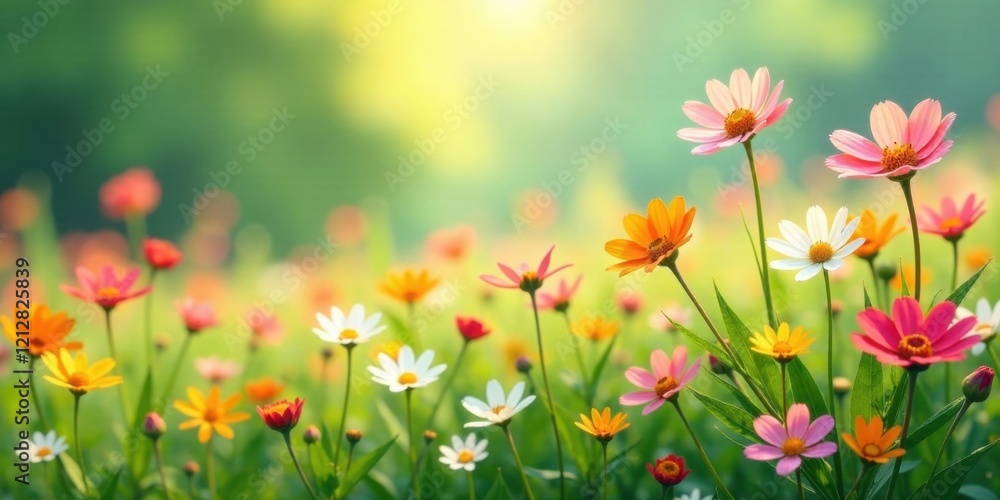 Vibrant Field of Colorful Blossoms Basking in Gentle Sunlight, a Serene and Peaceful Spring Meadow Scene Vibrant Field of Colorful Blossoms Basking in Gentle Sunlight, a Serene and Peaceful Spring Meadow Scene