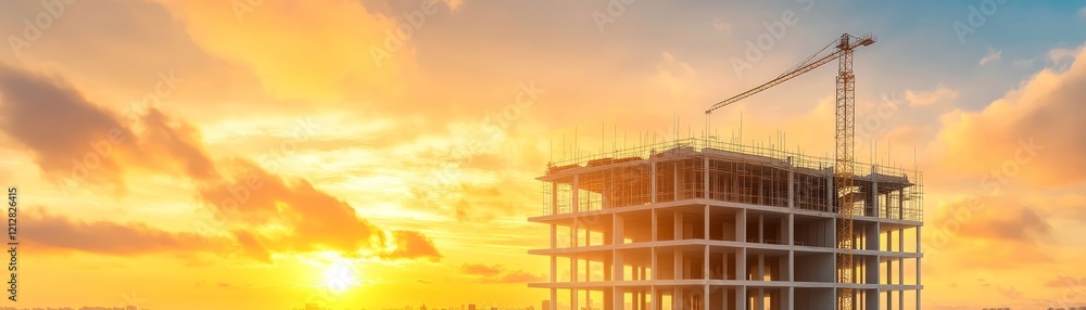 Fototapeta premium Urban construction site, building framework rising with crane against cityscape backdrop