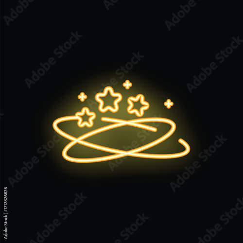 Neon yellow simple line icon of a galaxy with stars orbiting the center on a black background