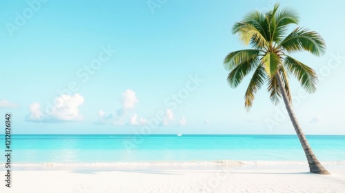 Serene tropical beach scene featuring a single palm tree leaning towards a tranquil turquoise ocean under a clear sky