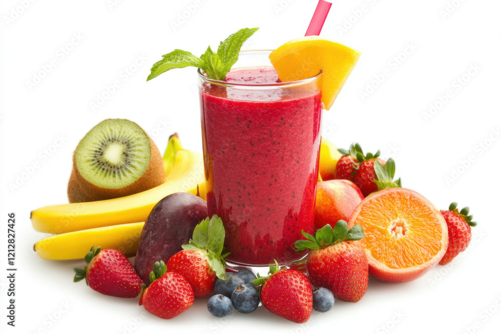 Fresh Strawberry Smoothie in Tall Glass with Fruits Fresh Strawberry Smoothie in Tall Glass with Fruits
