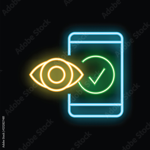 Neon icon of an eye watching a smartphone with a check mark displayed on the screen, signifying approval