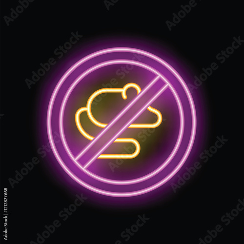 Bright neon sign showing a crossed out fart cloud, indicating that flatulence is prohibited in this area