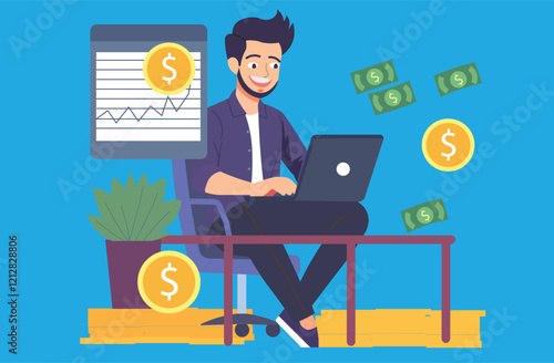 Young, successful trader celebrates a profitable online investment. Stock market, cryptocurrency trading, and financial success concept.