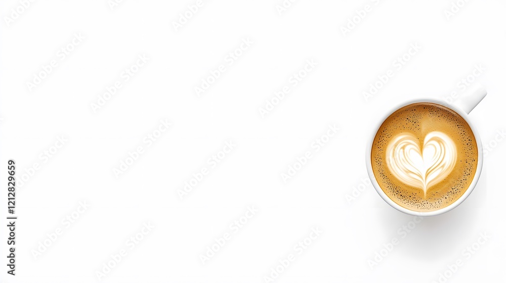coffee cup with latte art in the shape of a heart on right side of white background for Valentine's Day coffee cup with latte art in the shape of a heart on right side of white background for Valentine's Day