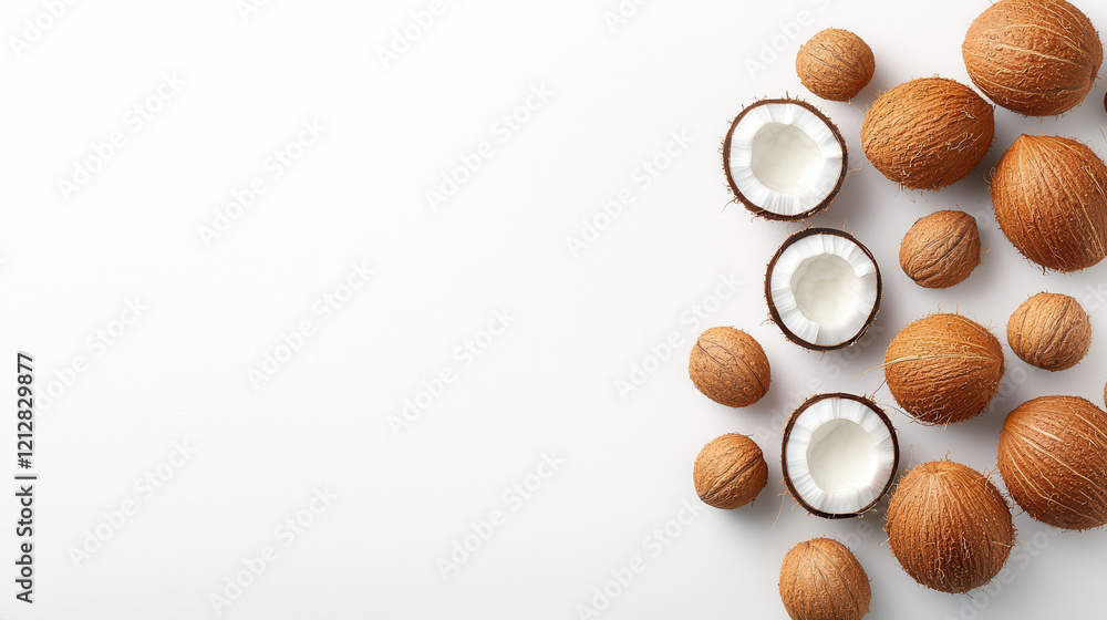 Whole and halved coconuts displayed against white background, showcasing their natural textures and colors. Perfect for tropical themes and culinary uses Whole and halved coconuts displayed against white background, showcasing their natural textures and colors. Perfect for tropical themes and culinary uses