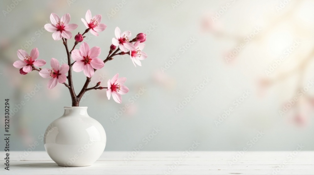 Delicate Pink Blossoms in a Simple White Vase on a Pristine White Table Delicate Pink Blossoms in a Simple White Vase on a Pristine White Table