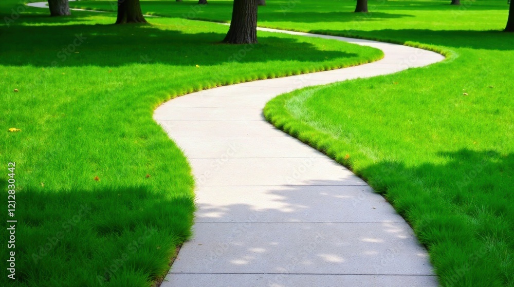 Naklejka premium A gently curving pathway winds through a vibrant green lawn, shaded by the dappled sunlight filtering through the trees.
