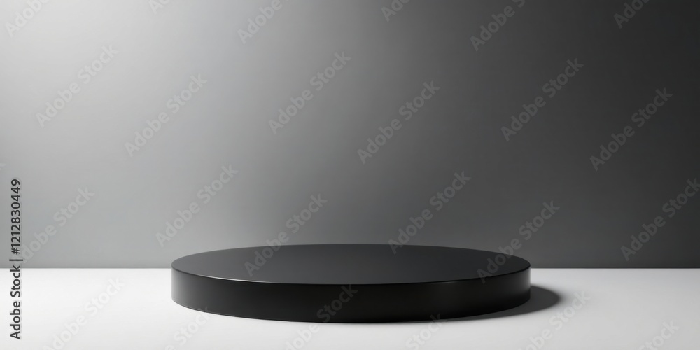A sleek, circular black pedestal rests on a white surface against a subtly shaded grey backdrop, providing a minimalist display platform for product showcasing or artistic arrangement. A sleek, circular black pedestal rests on a white surface against a subtly shaded grey backdrop, providing a minimalist display platform for product showcasing or artistic arrangement.