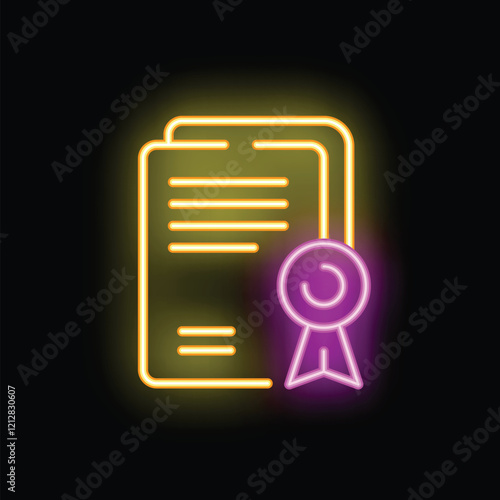 Yellow neon icon of an official document with a pink wax stamp representing validation, authenticity, and approval