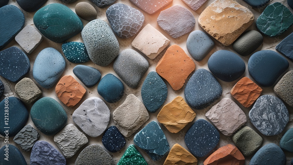Multicolored smooth stones arranged in a patterned background texture vibrant natural earth tones Multicolored smooth stones arranged in a patterned background texture vibrant natural earth tones