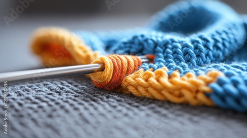 Close-Up of Colorful Yarn with Knitting Needle on Cozy Fabric