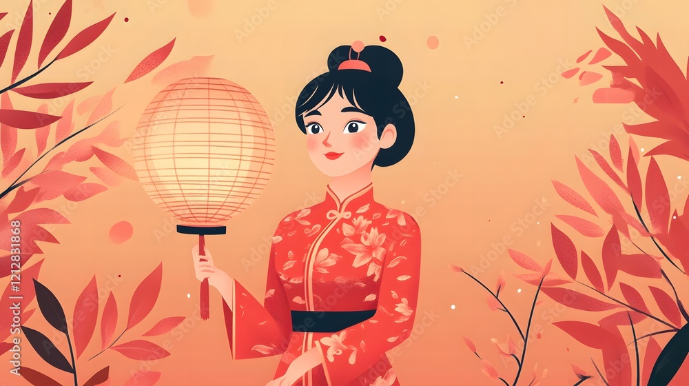 Elegant woman in traditional attire, Asian lady holding a lantern, surrounded by vibrant floral patterns, serene atmosphere. Elegant woman in traditional attire, Asian lady holding a lantern, surrounded by vibrant floral patterns, serene atmosphere.