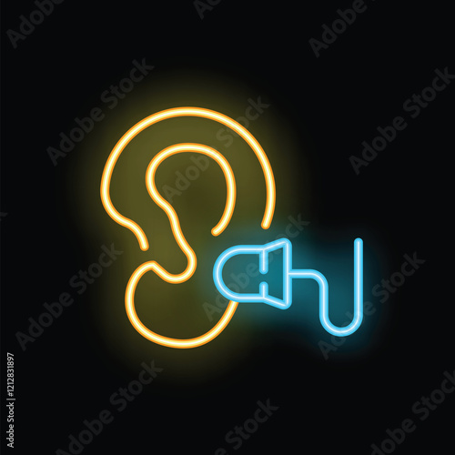 Bright neon icon representing a hearing aid placed in the ear canal, symbolizing the improvement of hearing ability