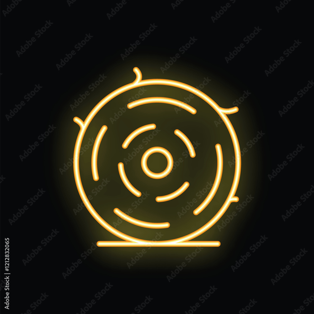 Glowing yellow neon sign depicting a tree trunk with annual rings, isolated on a black background Glowing yellow neon sign depicting a tree trunk with annual rings, isolated on a black background
