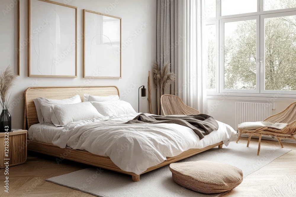 Fototapeta premium Stylish white room featuring natural wooden furnishings.