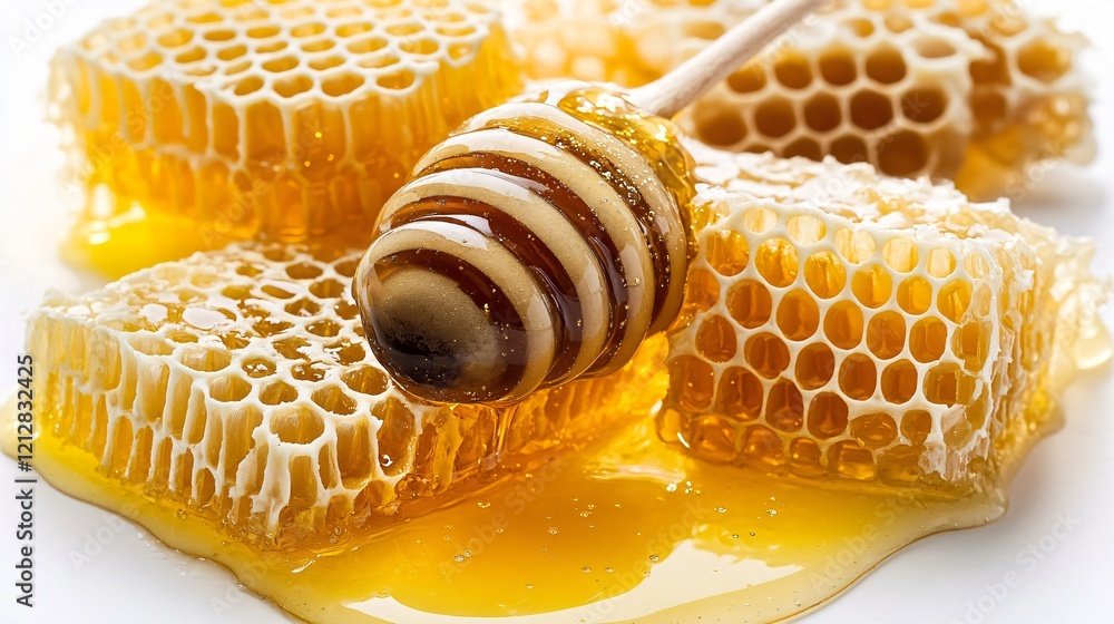 Golden Honeycomb and Honey Dipper Closeup Golden Honeycomb and Honey Dipper Closeup