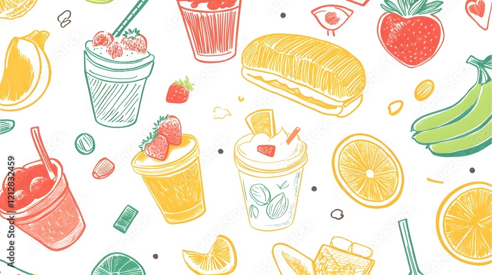 Fototapeta premium Colorful Hand-Drawn Food and Drink Illustrations on White Background