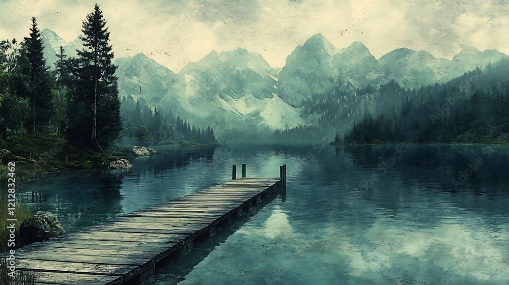 Serene mountain lake with wooden dock, misty forest, and tranquil water reflecting the majestic peaks. Serene mountain lake with wooden dock, misty forest, and tranquil water reflecting the majestic peaks.