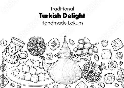 Turkish delight frame. Hand drawn vector illustration. Turkish delight sketch. Traditional rahat lokum. Turkish food. Oriental sweets.