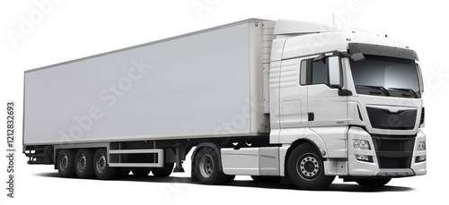 A modern European truck with a cab and semi-trailer in full white. Front side view isolated on white background.