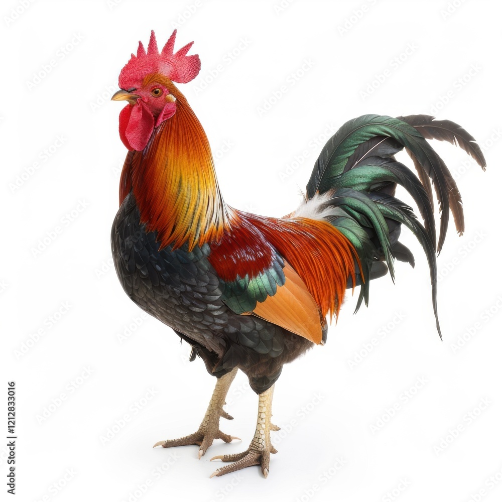 Vibrant Rooster with Colorful Feathers in Bright Lighting Vibrant Rooster with Colorful Feathers in Bright Lighting