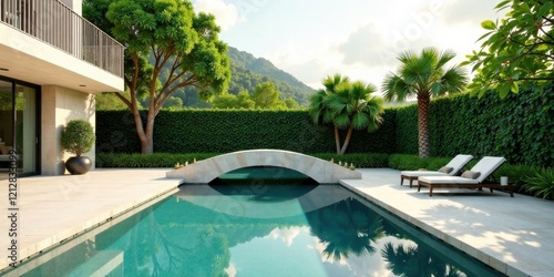 Serene Residential Pool Oasis Featuring a Stone Arch Bridge  Lush Greenery  and Comfortable Lounge Chairs