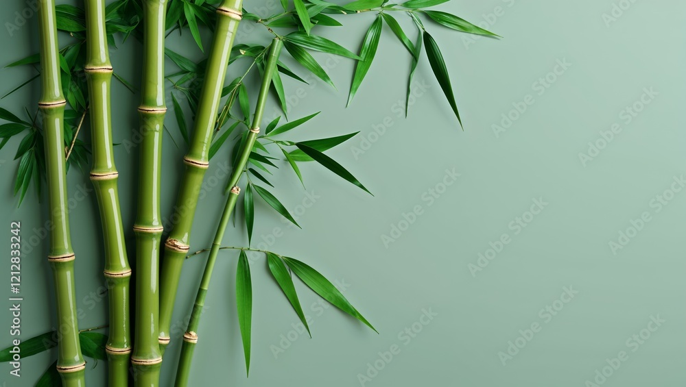 Fototapeta premium Green bamboo stalks and leaves against a soft background creating natural pattern