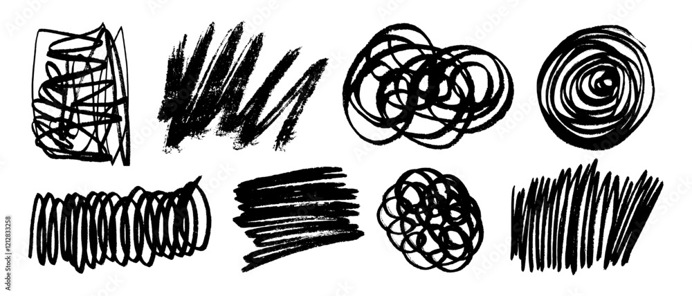 Set of marker black scribbles in form of rectangle, circle, oval, zigzag, hatching, hand drawn with interrupted contours. Vector graphics of textured paint brushes for background, abstract pattern. Set of marker black scribbles in form of rectangle, circle, oval, zigzag, hatching, hand drawn with interrupted contours. Vector graphics of textured paint brushes for background, abstract pattern.