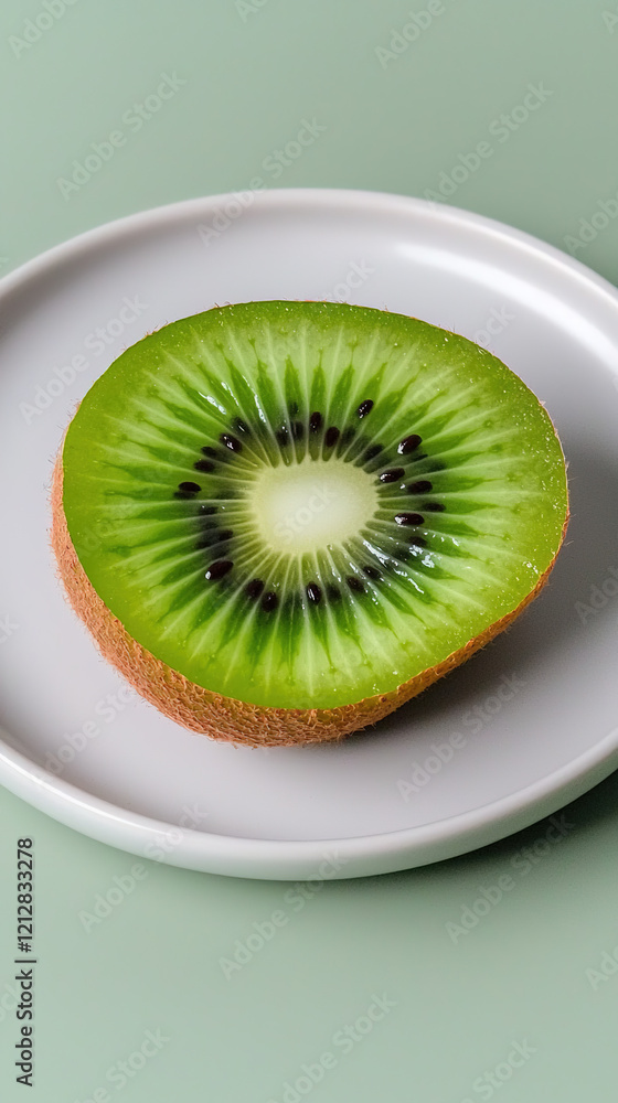 Single slice of kiwi on a white ceramic plate with soft pastel background and soft natural lighting, clean minimalist composition with high texture focus
Single slice of kiwi on a white ceramic plate with soft pastel background and soft natural lighting, clean minimalist composition with high texture focus