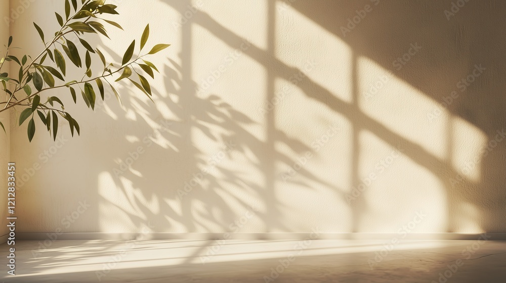 Sunlight casts leaf shadows on a minimalistic beige wall, creating a serene and tranquil atmosphere. Sunlight casts leaf shadows on a minimalistic beige wall, creating a serene and tranquil atmosphere.